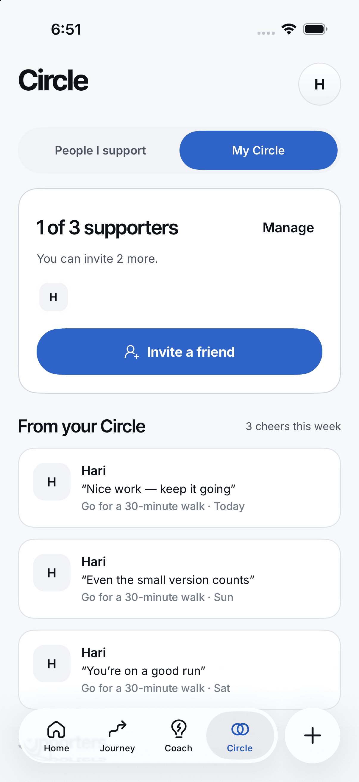 Anew Circle screen with encouragement from a supporter