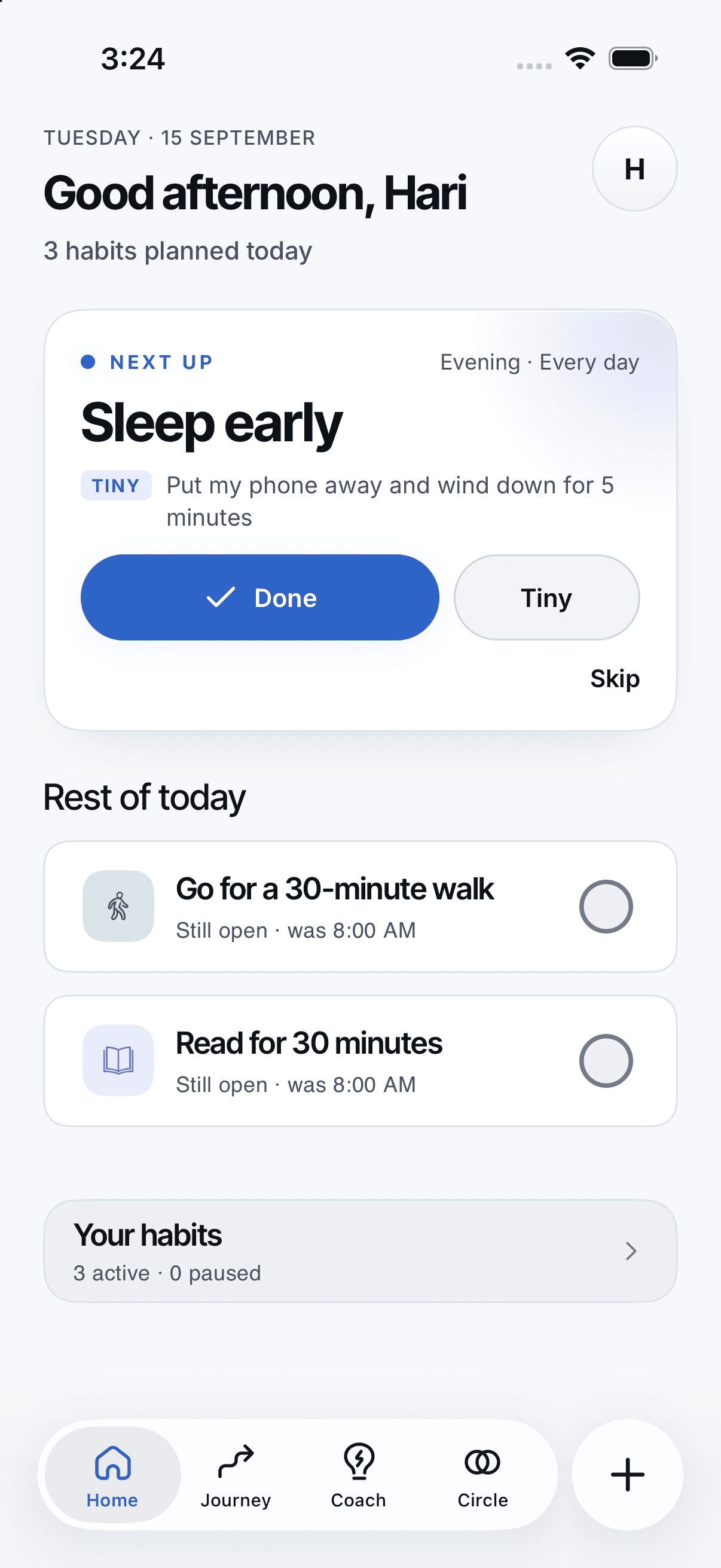 Anew Today screen with Done, Tiny and Skip check-ins for each habit