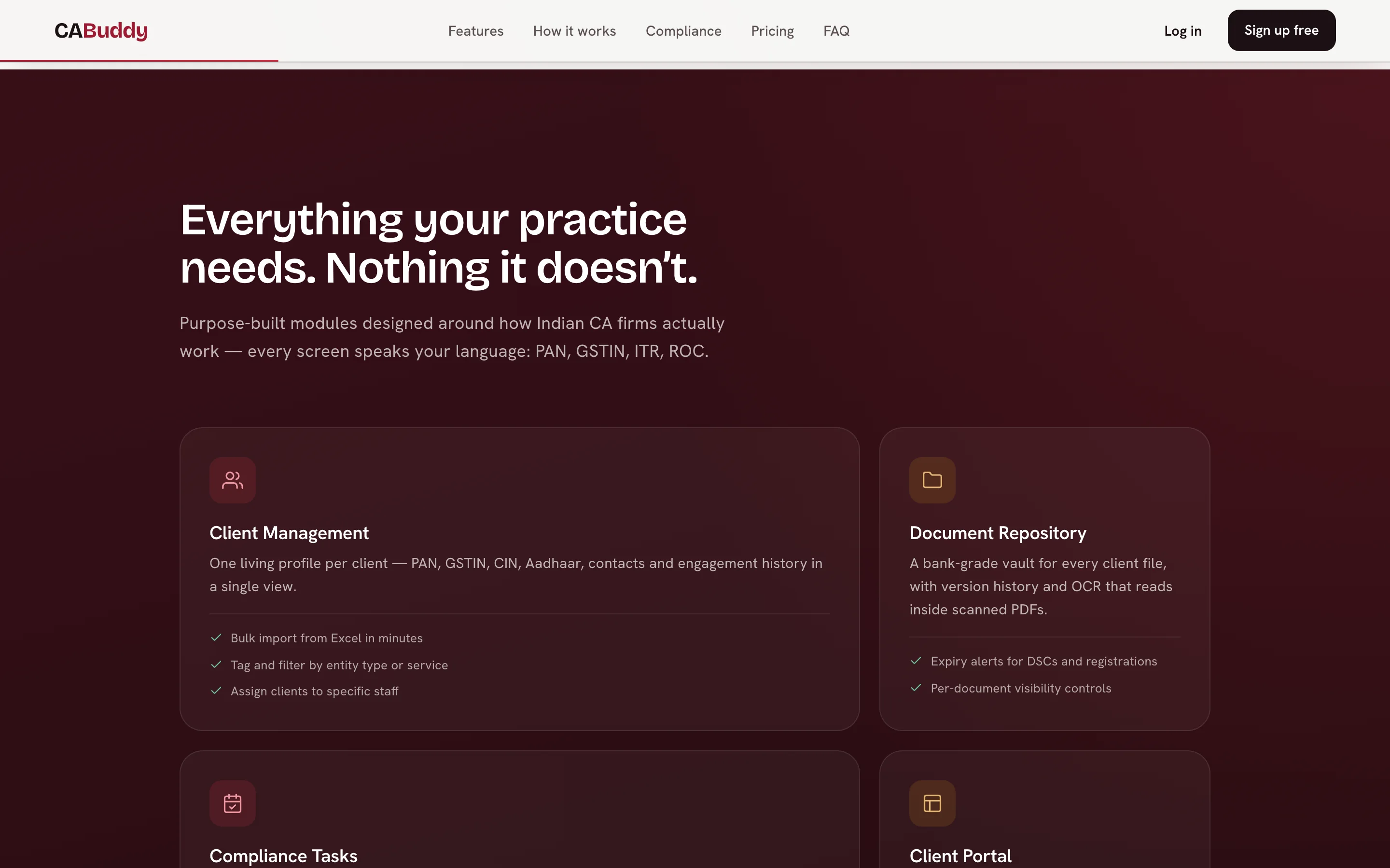 CA Buddy features — client management and document repository
