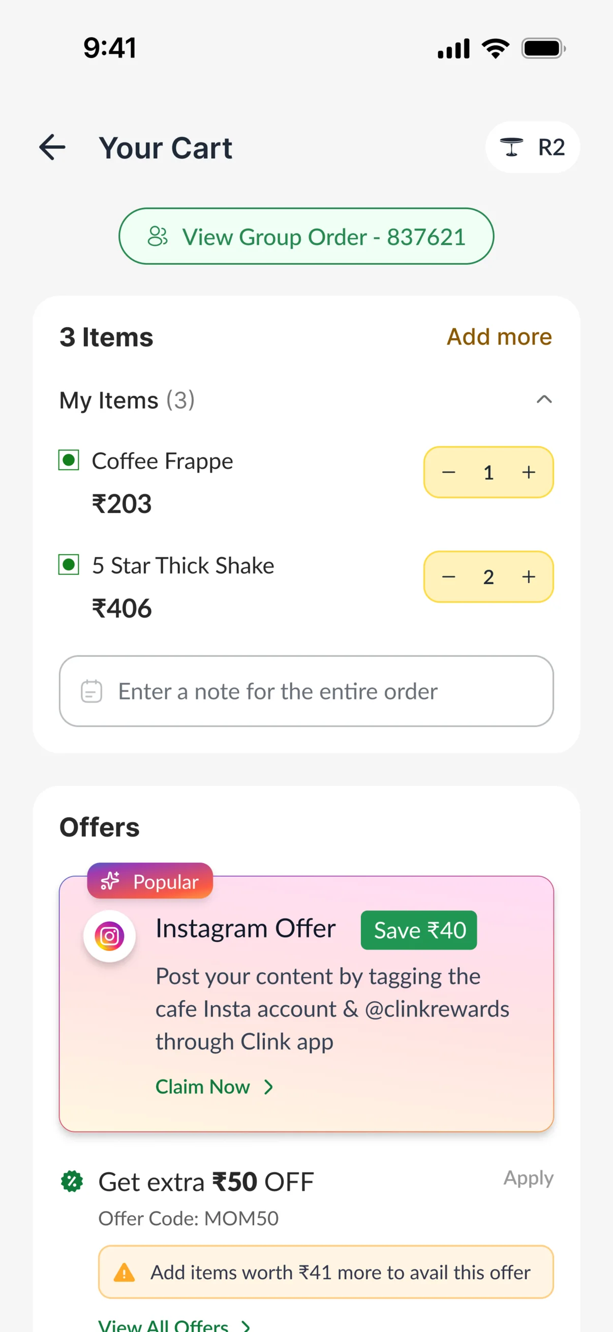 Clink app cart and checkout with offers