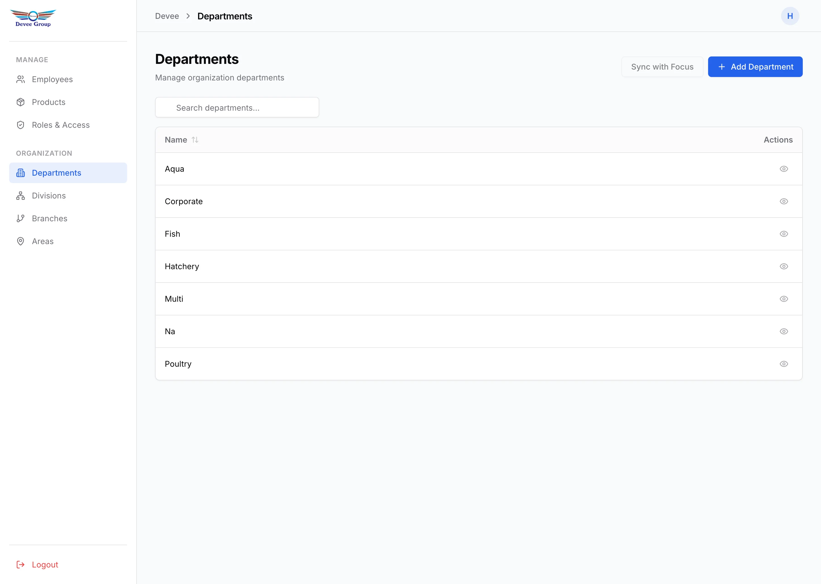 Devee dashboard departments management