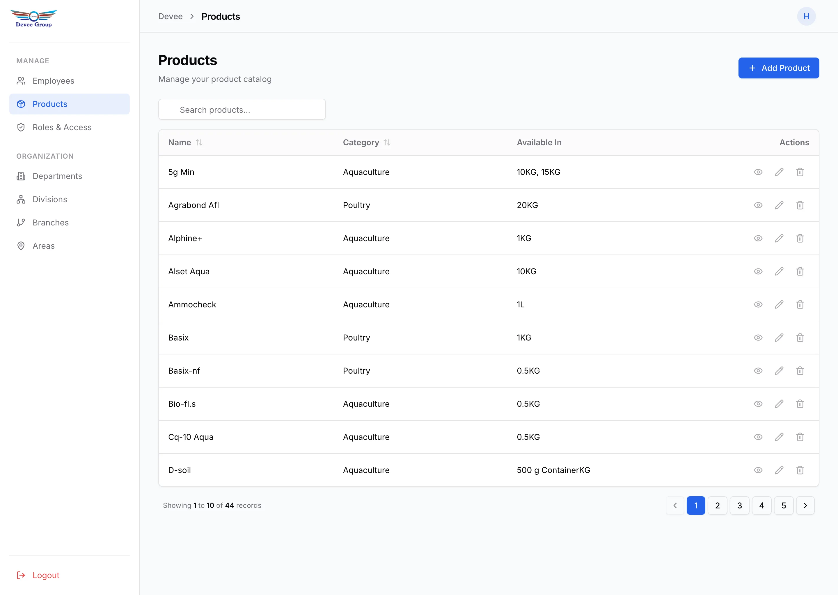 Devee dashboard product catalog