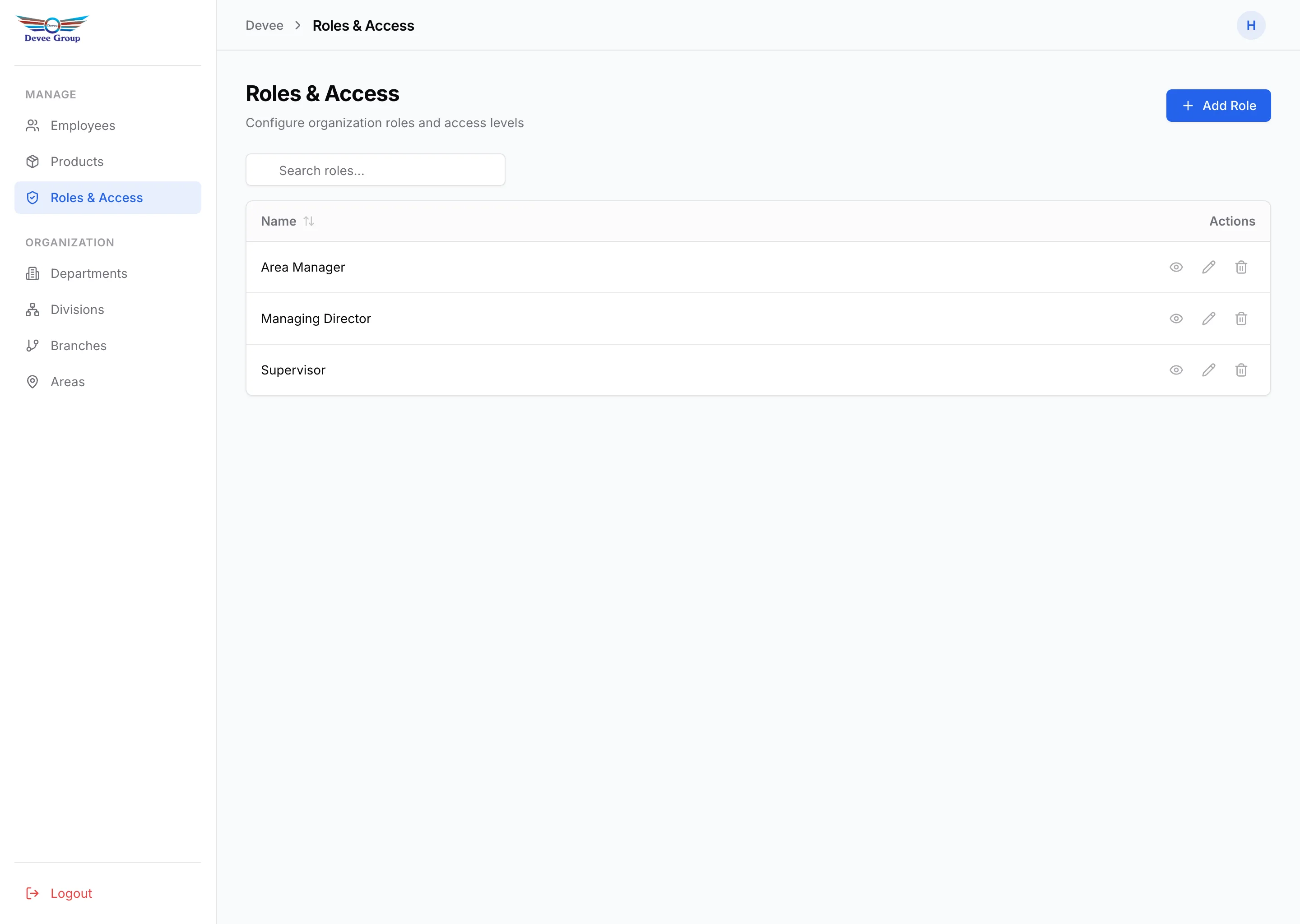 Devee dashboard roles and access control