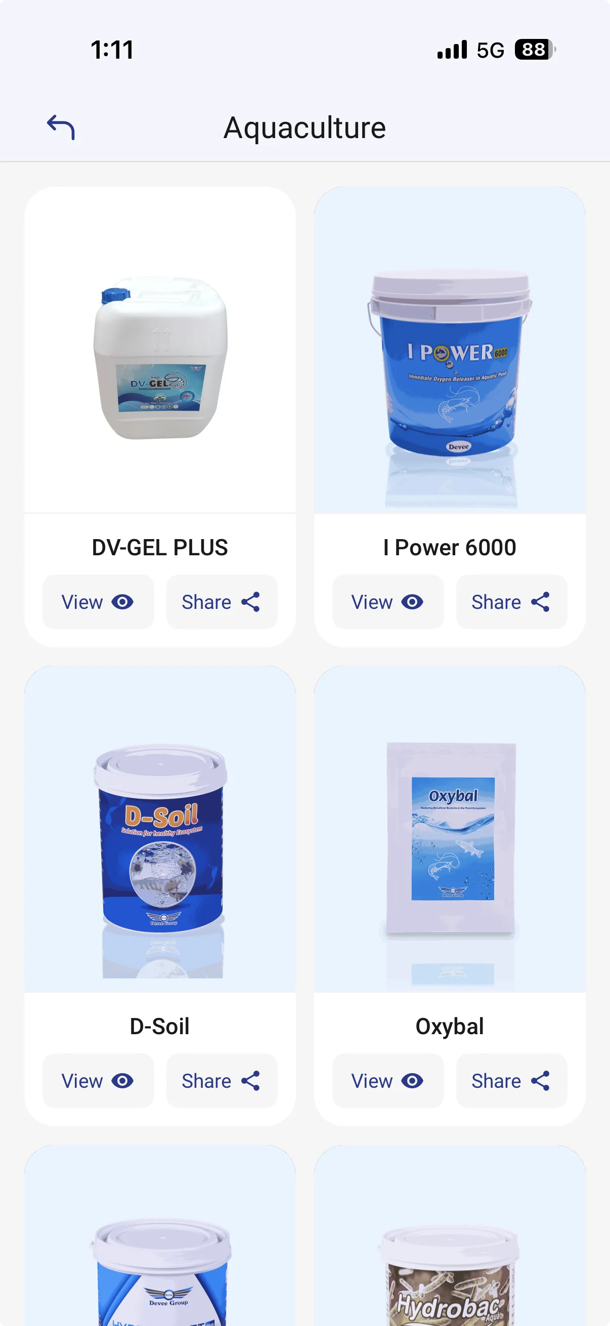Devee app aquaculture product grid with view and share