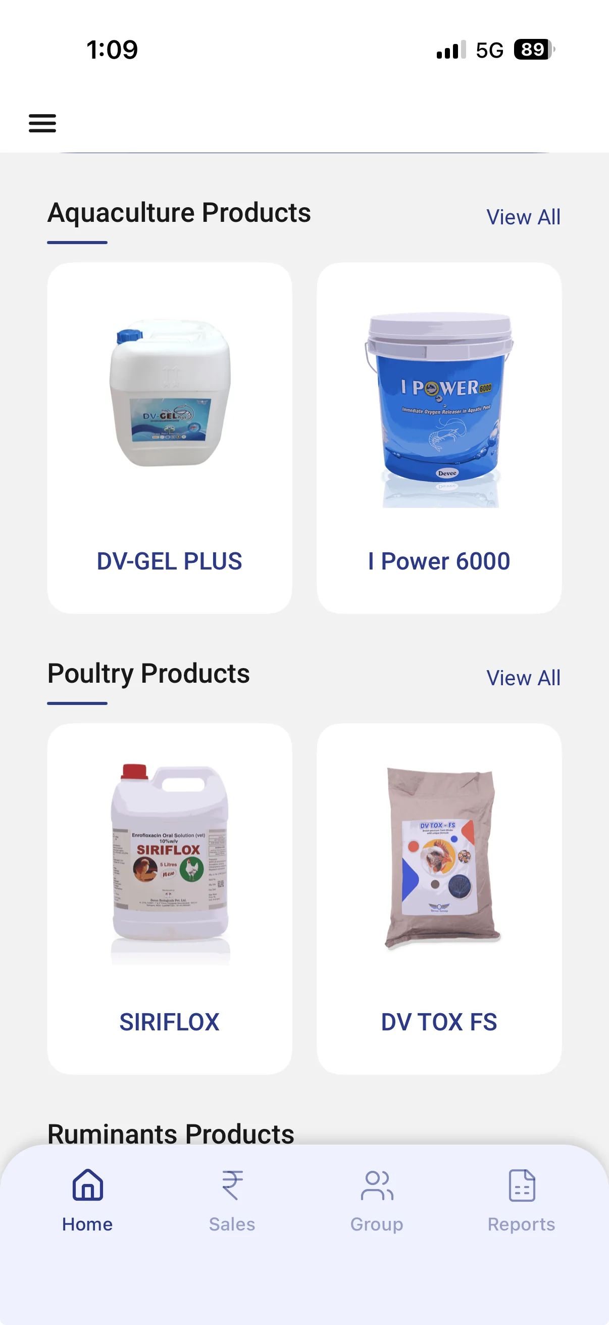 Devee app product catalog home — aquaculture and poultry